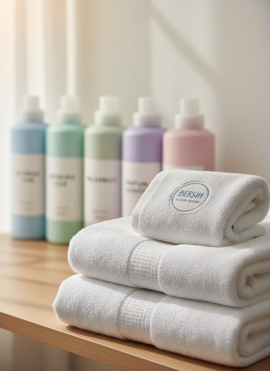 A neatly folded stack of freshly laundered white bath towels, each with a soft, fluffy texture and crisp edges, sits on a light wooden shelf. Behind them, a row of labeled detergent bottles and fabric softeners in pastel colors is slightly out of focus, suggesting an organized laundry workspace. Soft natural daylight enters from an unseen window, creating gentle highlights on the towel fibers and subtle shadows along the folds. Photographic realism, eye-level composition with shallow depth of field keeps the towels as the clear focal point. The mood is clean, reassuring, and professional, evoking a trusted laundry kiloan service in Bekasi with a modern, minimalist aesthetic.